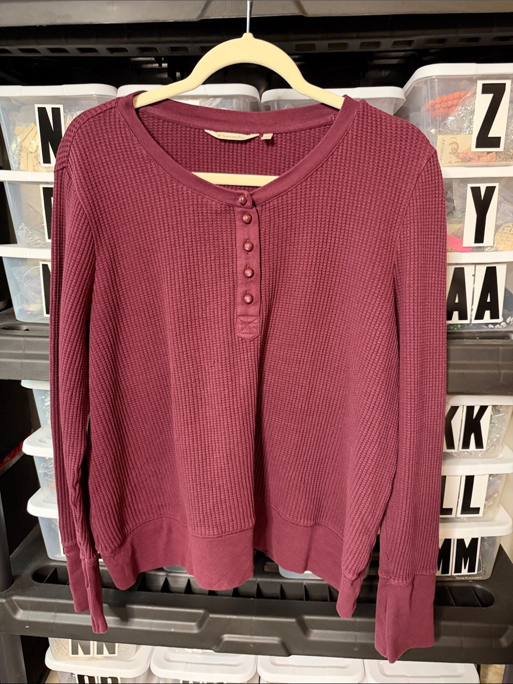 Soft Surroundings Women's Waffle Knit Henley Long-Sleeve Top Berry Maroon Large